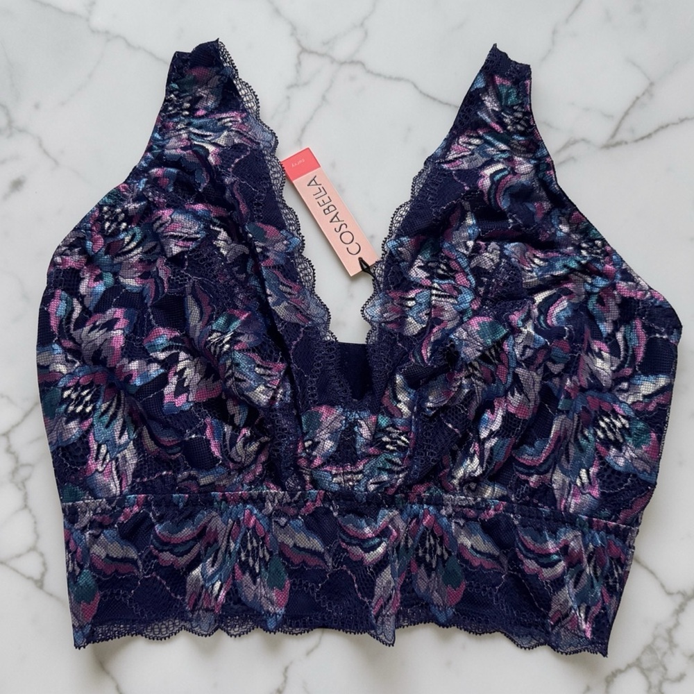 Cosabella Paradiso Curvy Plunge Bralette Navy Rani Pink Lace DD-F Made in Italy